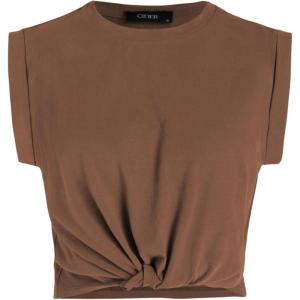 CIDER Crop Tops for Women Crew Neck T Shirts Short Sleeve Knotted Twist Front Loose Summer Basic Tee(Brown)