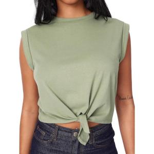 CIDER Crop Tops for Women Crew Neck T Shirts Short Sleeve Knotted Twist Front Loose Summer Basic Tee(Green)