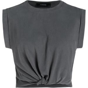 CIDER Crop Tops for Women Crew Neck T Shirts Short Sleeve Knotted Twist Front Loose Summer Basic Tee(Grey)