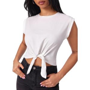 CIDER Crop Tops for Women Crew Neck T Shirts Short Sleeve Knotted Twist Front Loose Summer Basic Tee(White)