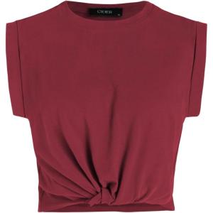 CIDER Crop Tops for Women Crew Neck T Shirts Short Sleeve Knotted Twist Front Loose Summer Basic Tee(Wine)