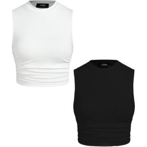 CIDER Crop Tops for Women Mimi Cuttrell Basic Sleeveless Ruched Going Out Summer Casual Ribbed Tank Top(Black & White)