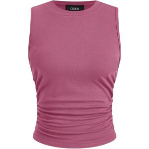 CIDER Crop Tops for Women Mimi Cuttrell Basic Sleeveless Ruched Going Out Summer Casual Ribbed Tank Top(Pink)