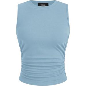 CIDER Crop Tops for Women Mimi Cuttrell Basic Sleeveless Ruched Going Out Summer Casual Ribbed Tank Top(Sky Blue)