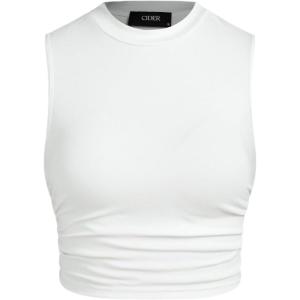 CIDER Crop Tops for Women Mimi Cuttrell Basic Sleeveless Ruched Going Out Summer Casual Ribbed Tank Top(White)