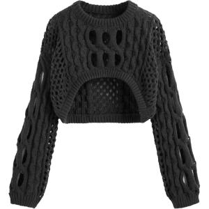 CIDER Cropped Sweaters for Women Knit Round Neckline Hollow Out Long Sleeve Crop Top Sweaters(Black)