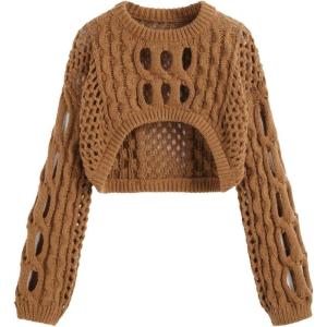 CIDER Cropped Sweaters for Women Knit Round Neckline Hollow Out Long Sleeve Crop Top Sweaters(Brown)