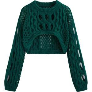 CIDER Cropped Sweaters for Women Knit Round Neckline Hollow Out Long Sleeve Crop Top Sweaters(Green)