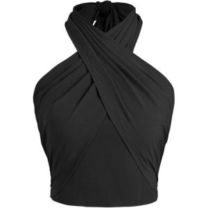 CIDER Cross Halter Shirred Back Crop Top(Black)