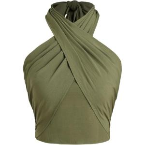 CIDER Cross Halter Shirred Back Crop Top(Green)