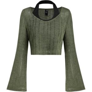 CIDER Distressed Bell Sleeve Crop Top & Halter Top(Green)