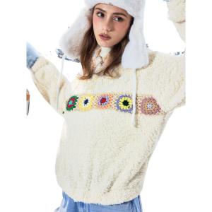 CIDER Fleece Floral Crochet Hoodie(Beige)