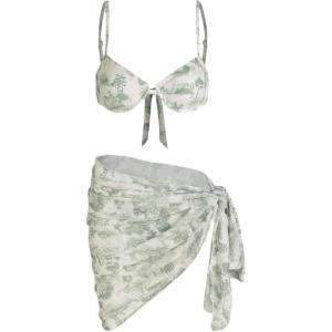 CIDER Floral Print Underwire Bikini with Sarong(Green)
