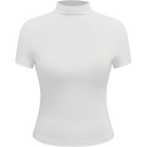 CIDER High Stretch Double Layered Turtle Neck Solid Short Sleeve Top(White)
