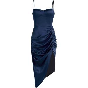 CIDER Illusion Ruched Midi Dress(Navy Blue)