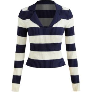 CIDER Knit Polo Striped Long Sleeve Top(Dark Navy)