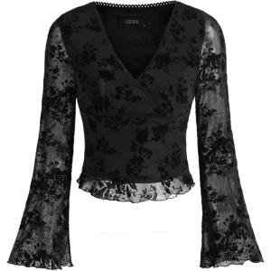 CIDER Lace Floral V-Neck Long Sleeve Crop Blouse(Black)