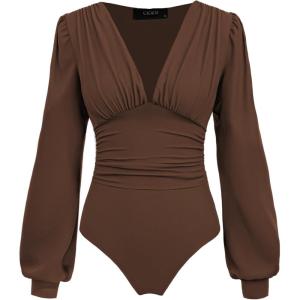 CIDER Long Sleeve Body Suits Womens V Neck Bodysuits Ruched Pleated Corset Bodysuit Leotard Trendy(Brown)