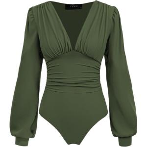 CIDER Long Sleeve Body Suits Womens V Neck Bodysuits Ruched Pleated Corset Bodysuit Leotard Trendy(Green)