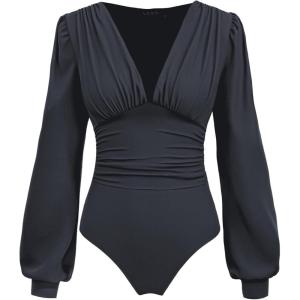 CIDER Long Sleeve Body Suits Womens V Neck Bodysuits Ruched Pleated Corset Bodysuit Leotard Trendy(Grey)