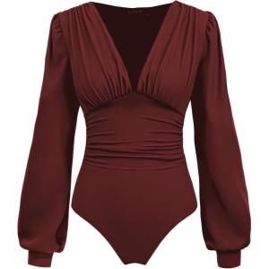 CIDER Long Sleeve Body Suits Womens V Neck Bodysuits Ruched Pleated Corset Bodysuit Leotard Trendy(Red)