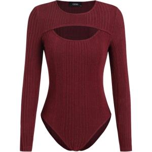 CIDER Long Sleeve Bodysuits Women Cut Out Rib Knit Tops Date Night Rave Club Outfits 2025(Red)
