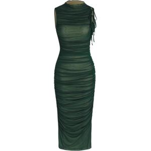 CIDER Mesh Ruched High Neck Midi Dress(Green)