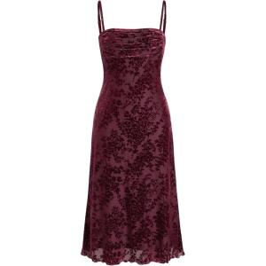CIDER Mesh Ruched Square Neck Floral Maxi Dress(Burgandy)