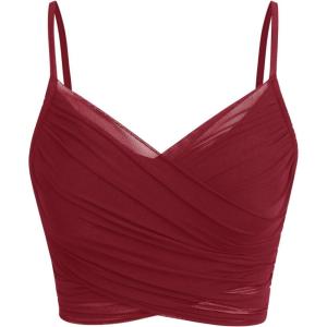 CIDER Mesh V-Neck Ruched Crop Top(Red)
