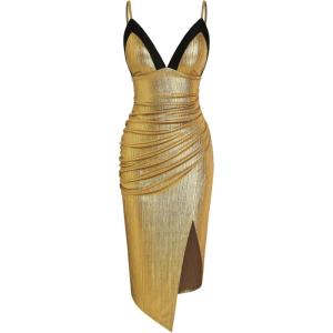 CIDER Metallic V-Neck Solid Ruched Midi Dress(Gold)