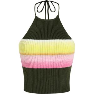 CIDER Miami Sunset Vacation Colorful Knit Halter Crop Cami Top(Green)