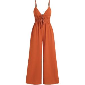 CIDER Miami Sunset Vacation Solid Shirred Knotted V-neck Jumpsuit(Orange)
