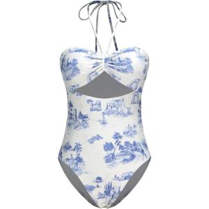 CIDER One Piece Swimsuit Women Floral Halter Cutout High Cut Crisscross Bathing Suit Vacation Swimwear(White & Blue)