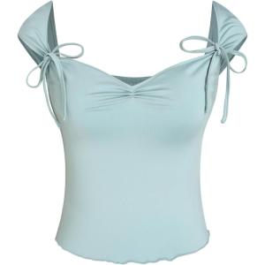 CIDER Ruched Lettuce Trim Bowknot Crop Cami Top(Baby Blue)