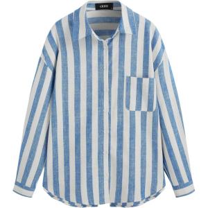 CIDER Santorini Beach Vacation Linen-Blend Collar Striped Pocket Long Sleeve Shirt(Blue)