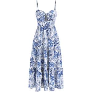 CIDER Santorini Beach Vacation V-Neck Landscape Painting Cut Out Knotted Cami Midi Dress(Blue)