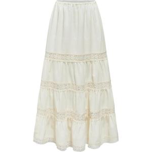 CIDER Santorini Beach Vacation Woven Mid Rise Floral Ruffle Hem Tiered Maxi Skirt(White)