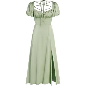 CIDER Satin Knotted Puff Sleeve Split Midi Dress(Green)