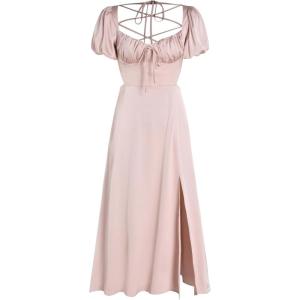 CIDER Satin Knotted Puff Sleeve Split Midi Dress(Pink)