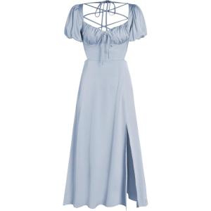 CIDER Satin Knotted Puff Sleeve Split Midi Dress(Sky Blue)