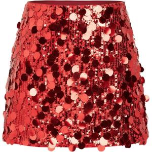 CIDER Sequin Mid Waist Sparkle Skirt Party Club Night Out Mini Skirt for Women(Red)