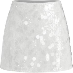 CIDER Sequin Mid Waist Sparkle Skirt Party Club Night Out Mini Skirt for Women(White)
