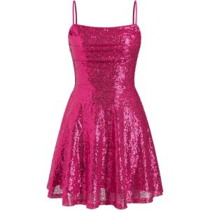 CIDER Sequin Square Neck Mini Dress(Rose Red)