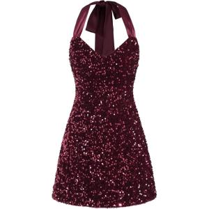 CIDER Sequin V-Neck Halter Mini Dress(Wine)