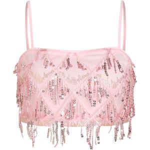 CIDER Sequins Tassel Crop Cami Top(Pink)