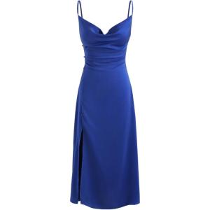 CIDER Solid Cowl Neck Slit Midi Dress(Navy Blue)