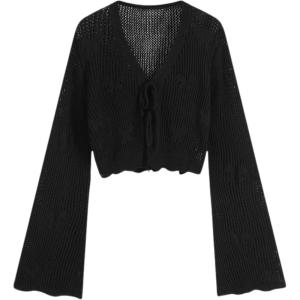 CIDER Solid Hollow Out Knit Knotted Cardigan(Black)