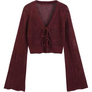 CIDER Solid Hollow Out Knit Knotted Cardigan(Red)