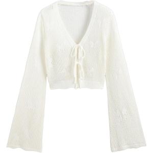 CIDER Solid Hollow Out Knit Knotted Cardigan(White)