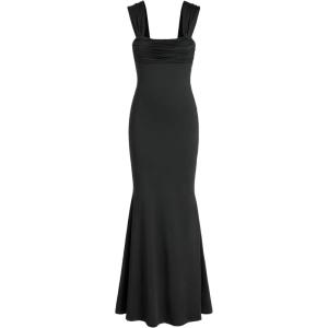 CIDER Solid Ruched U-Neckline Ruffle Maxi Dress(Black)